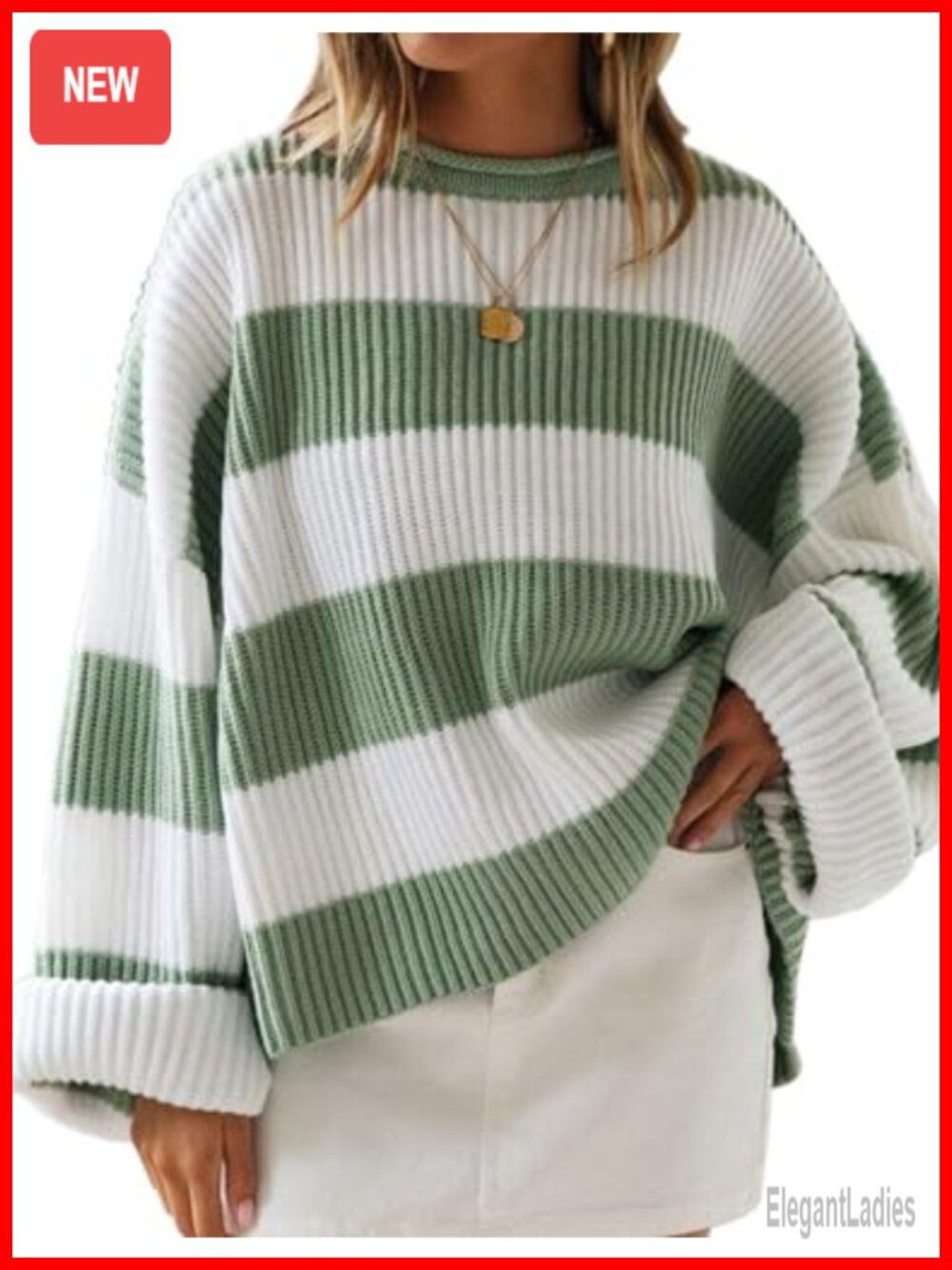 Oversized Striped Knit Sweater Long Sleeve Crew Neck Pullover
